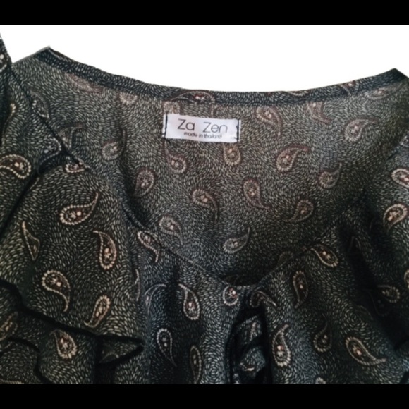 ZA ZEN Ruffle Trim Geo Print Dress With Ruched Waist Brown Xsmall-Small - Picture 6 of 10